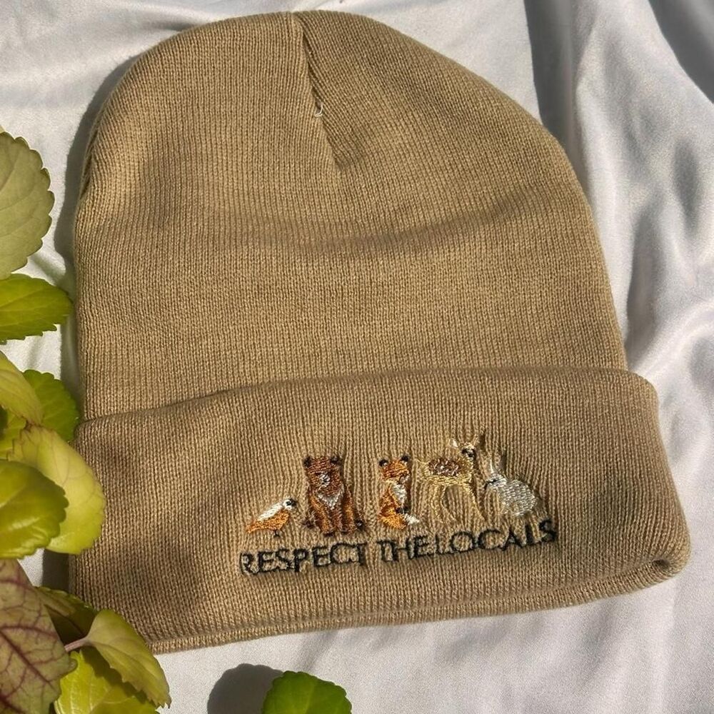 NWT tan respect the locals woodland animals embroidered beanie